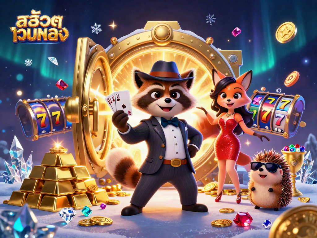 Engaging scene with สล็อตเว็บตรง featuring a suave raccoon, a fox lady, and a hedgehog bouncer amidst vibrant slot elements.