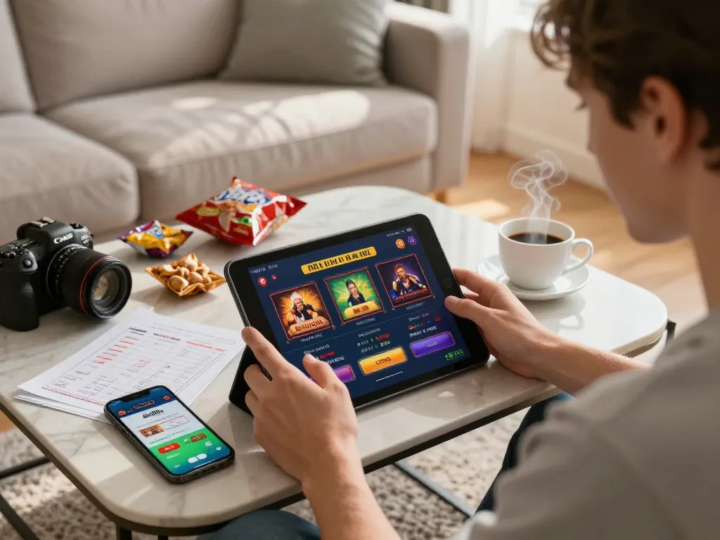 Playing online games on dn88s tablet, cozy home setup with snacks and strategy notes visible.