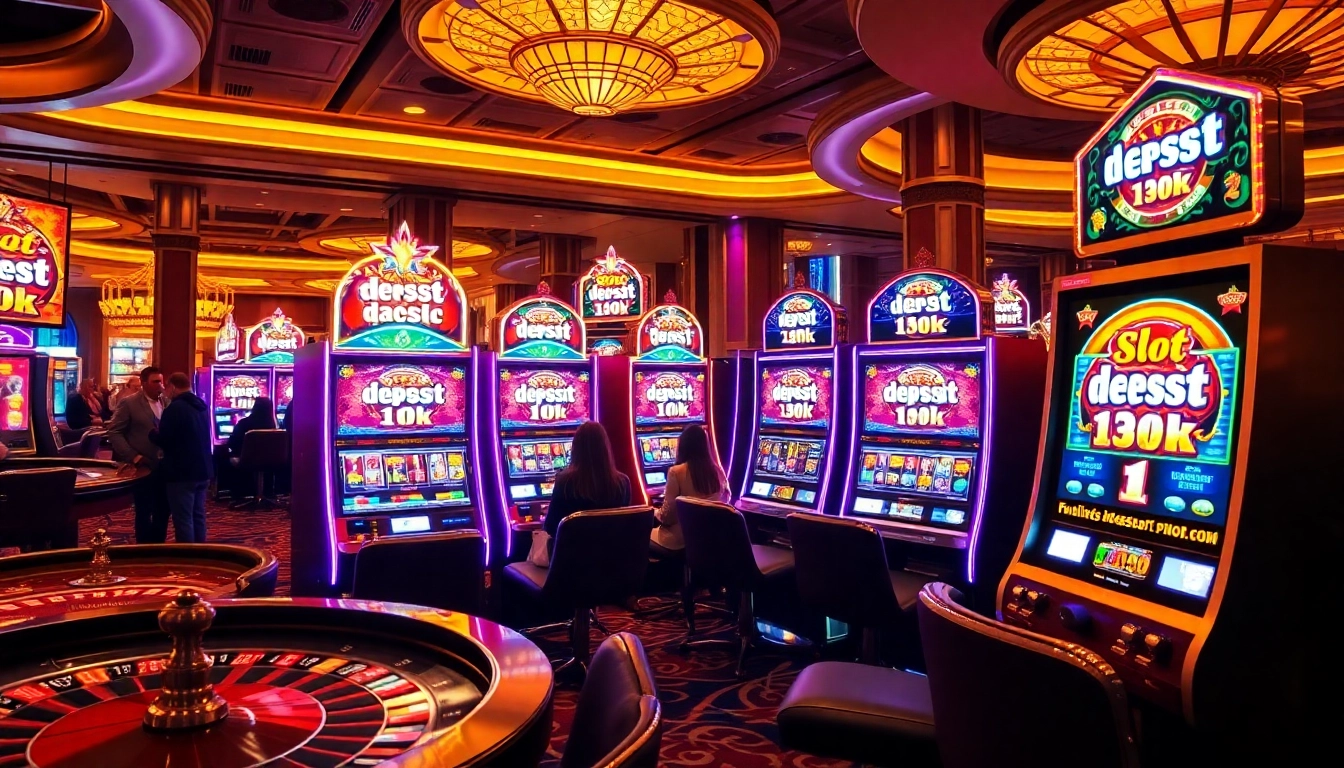 Mainkan permainan slot deposit 1k yang mendebarkan di kasino yang meriah, menampilkan mesin berwarna-warni dan pemain yang bersemangat.