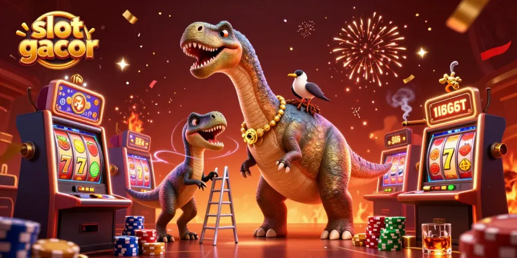 Experience the thrill of slot gacor with a playful dinosaur and engaging slot machine action.