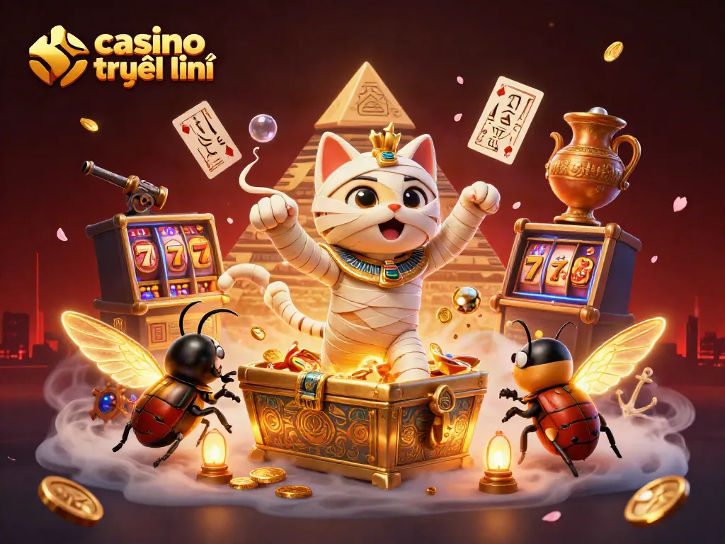 Chơi tại casino trực tuyến với hình ảnh một con mèo ướp xác Ai Cập và những lá bài bay giữa không gian thần bí.