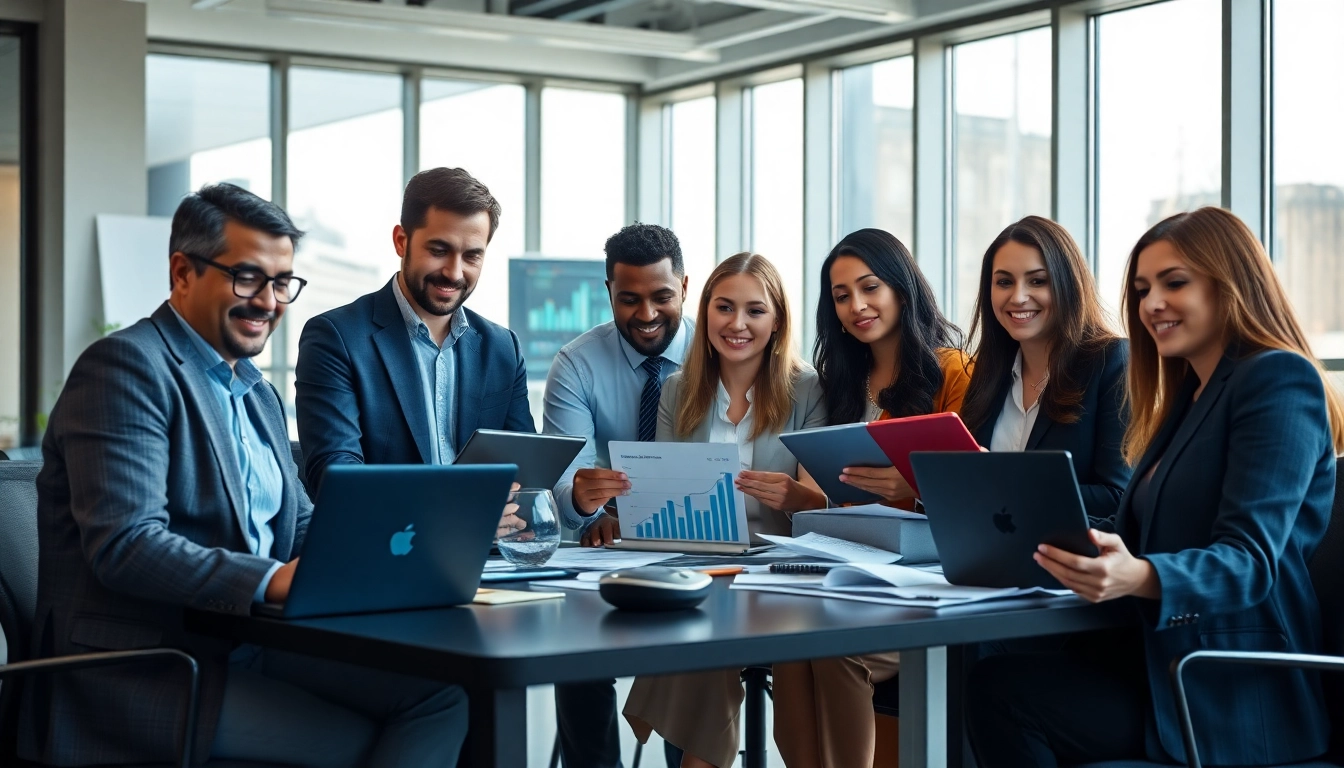现代办公室中使用 WPS Office 软件进行协作的商业团队