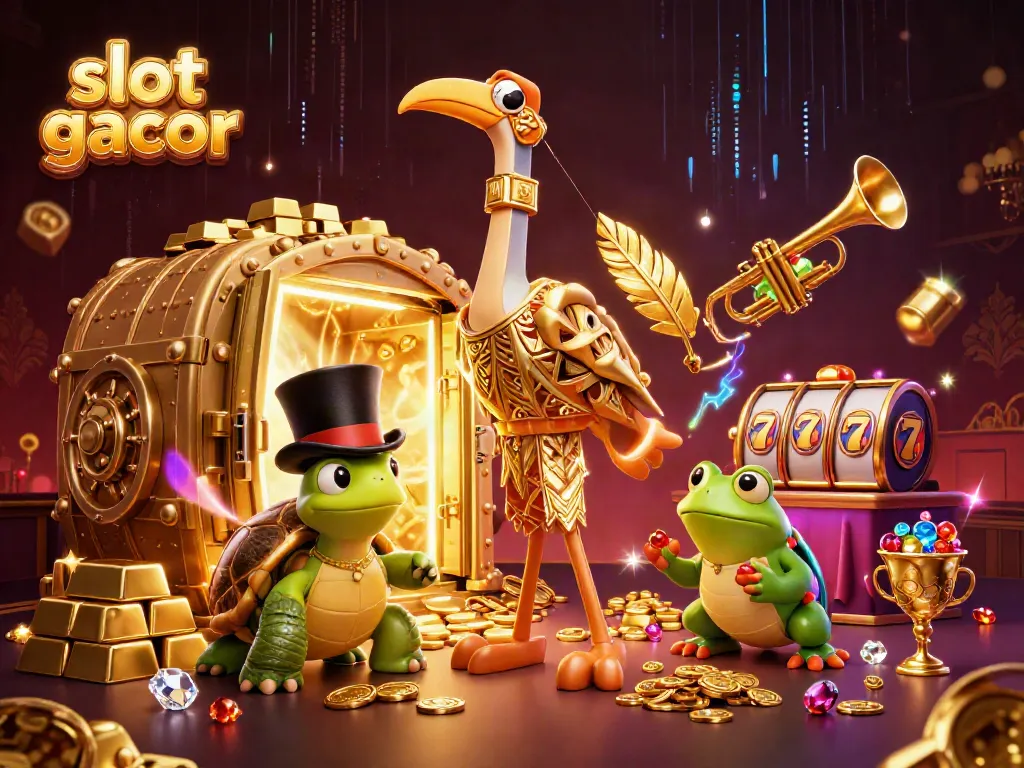 Engage with slot gacor gaming in this vibrant 3D illustration showcasing a lively speakeasy atmosphere.