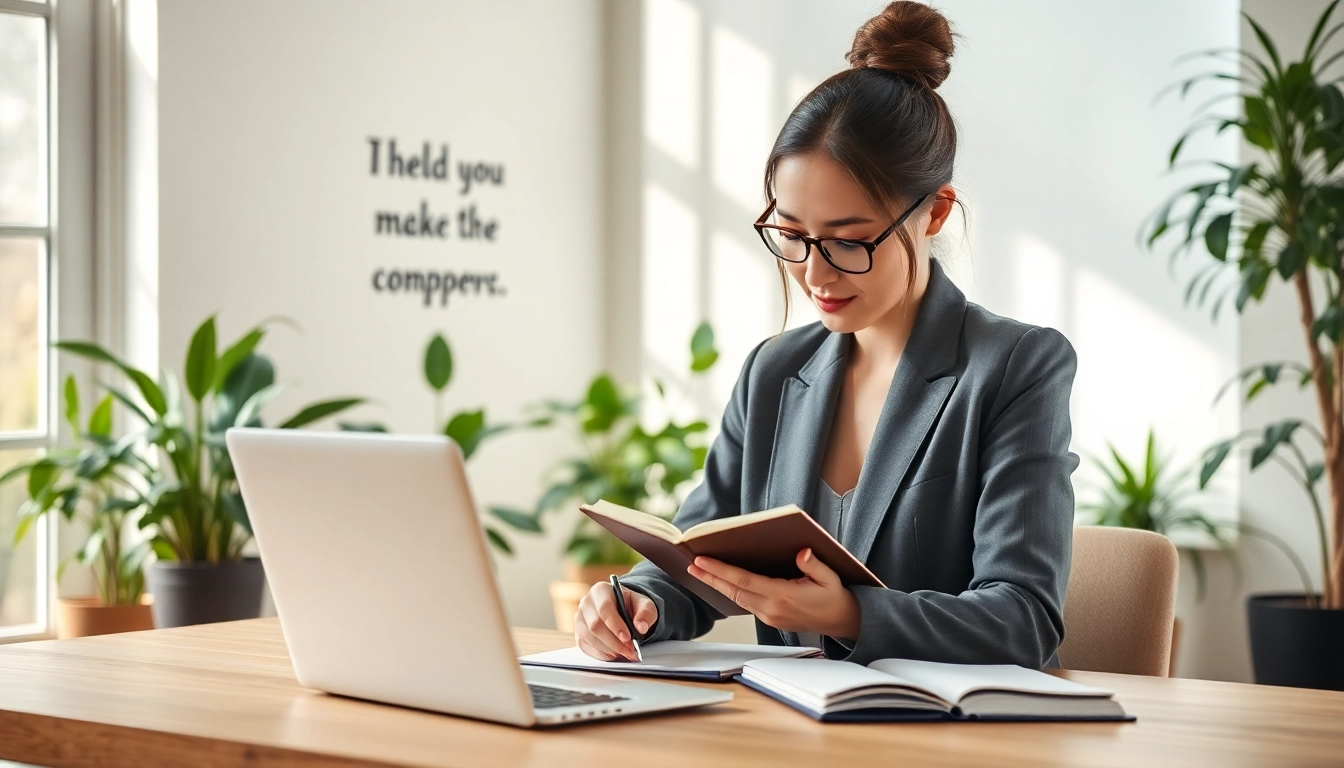 Innerpreneur engaging in reflective writing in a serene office environment filled with plants.