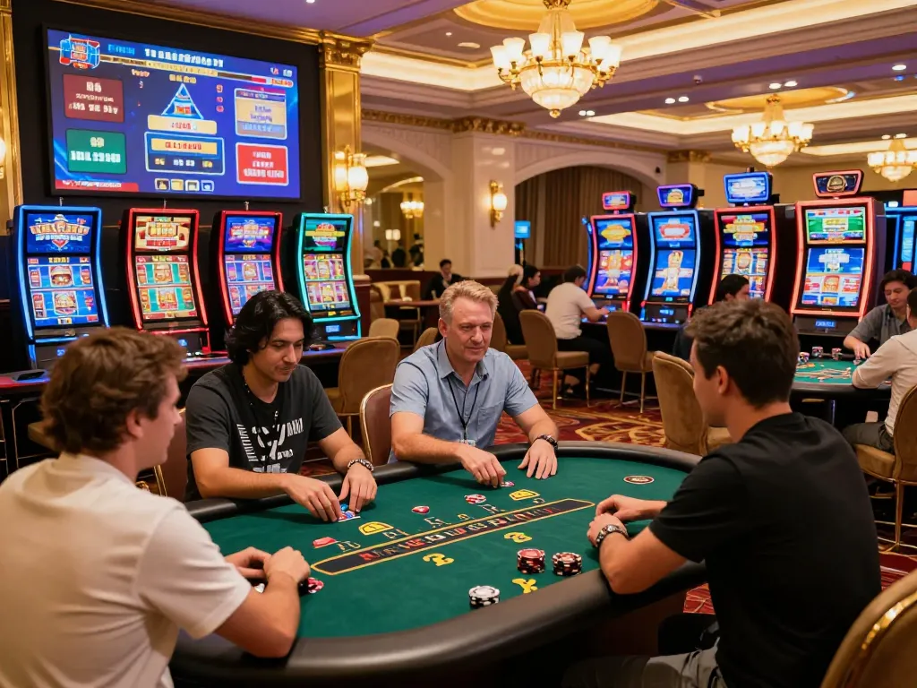 Casino hubet88 vibrant gaming atmosphere showcasing players enjoying poker and baccarat in an elegant setting.
