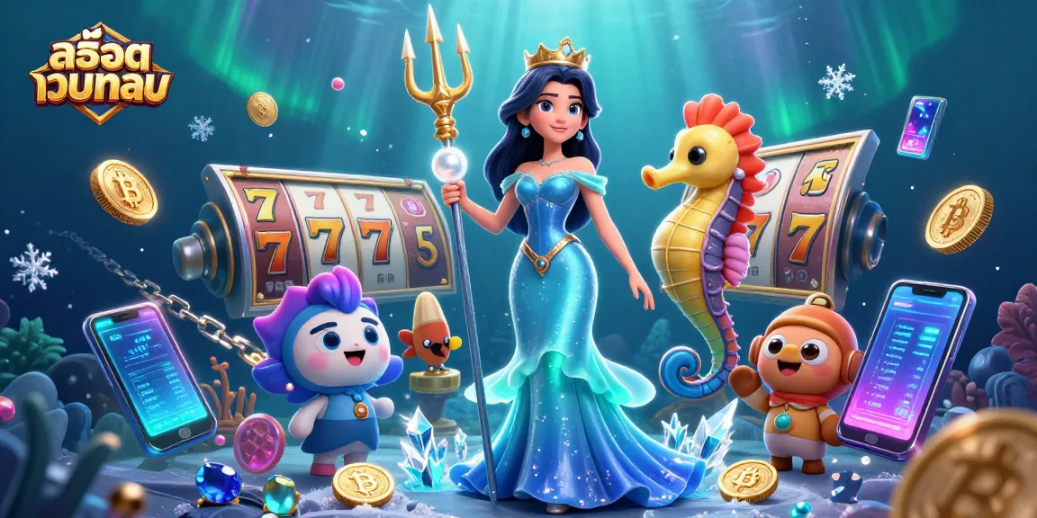 Spin and win with สล็อตเว็บตรง in this vibrant undersea casino illustration featuring slot reels and treasures.