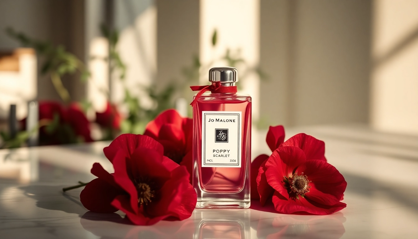 Admire the exquisite Jo Malone Poppy Scarlet fragrance surrounded by vibrant poppy petals.