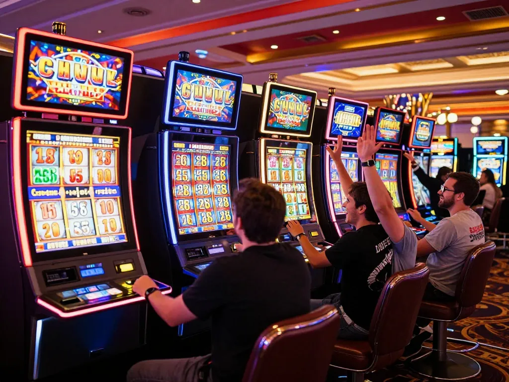 Player celebrating a huge win on a slot bet 200 at a vibrant Las Vegas casino