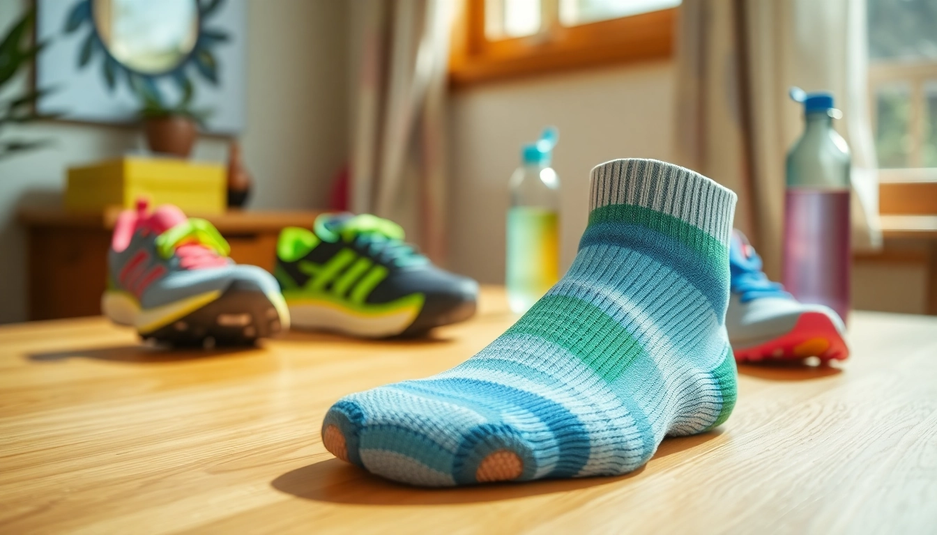 Cushioned running socks showcased with running accessories on a wooden table, highlighting comfort.