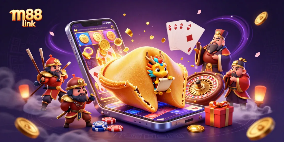 Betting on m88 link: Engage with vibrant 3D casino illustrations, including fortune cookies and slot games.