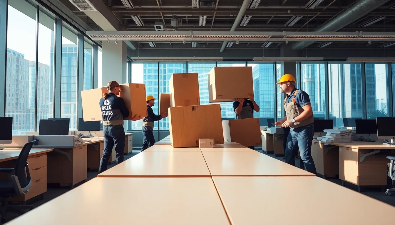 Office Movers expertly handling furniture in a dynamic urban office setting.