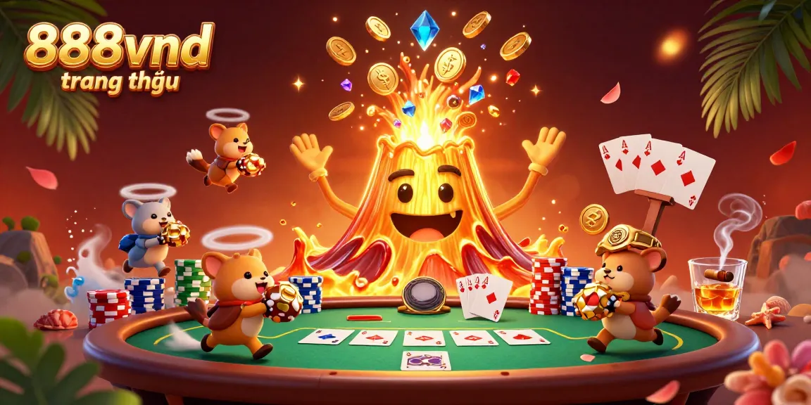 Experience the excitement with 888vnd trang chủ as the golden volcano erupts treasures in this vibrant casino illustration.