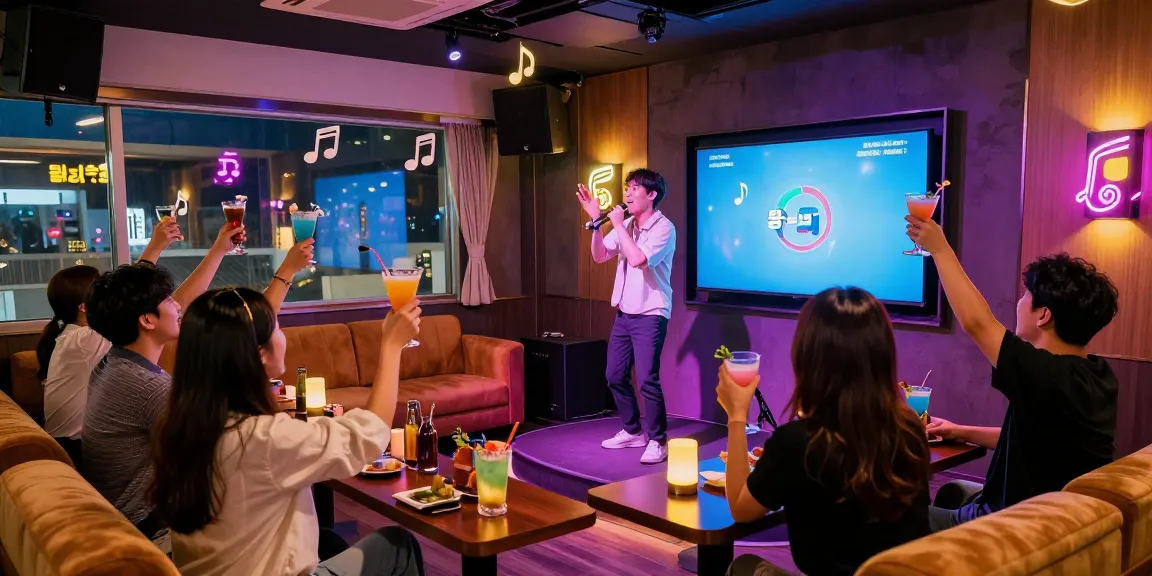 Jeju Island nightlife scene showcasing 제주도유흥 with friends enjoying drinks in a karaoke room filled with vibrant colors and energy.