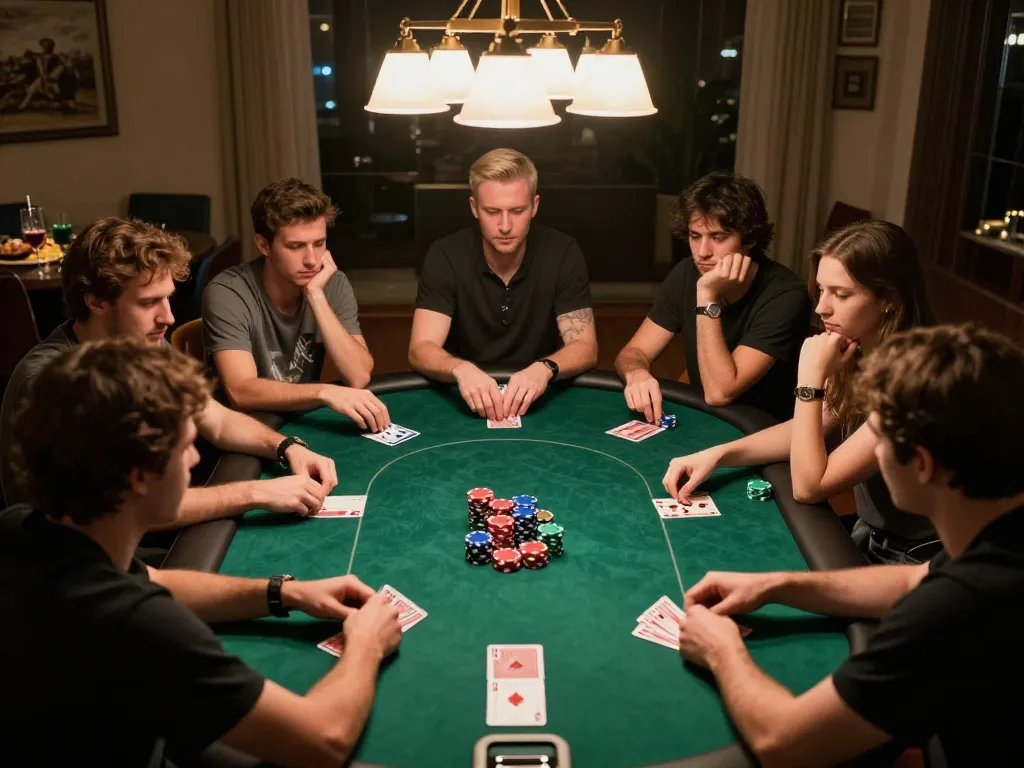 Engaged players at a poker table with colorful chips during a game, referencing hidden wiki onion for strategic gameplay.