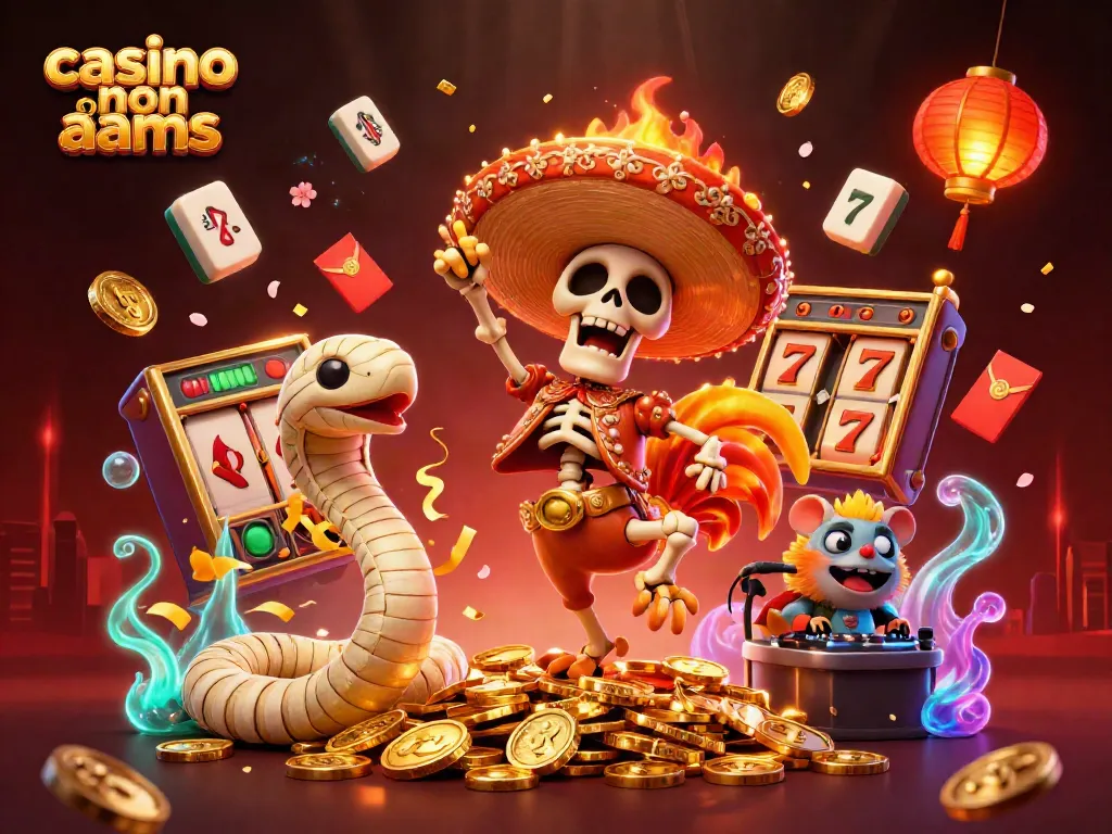 Scopri il mondo dei casino non AAMS con un simpatico scheletro a festa tra slot e monete d'oro.