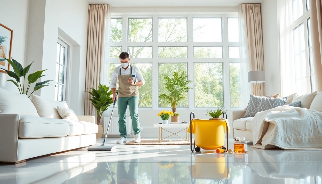 Cleaning Service team diligently tidying a modern home, symbolizing professionalism and detail.