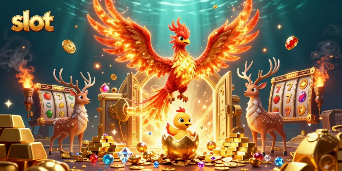 Play exciting slot games with vibrant visuals of slot machines, gems, and lucky charms.