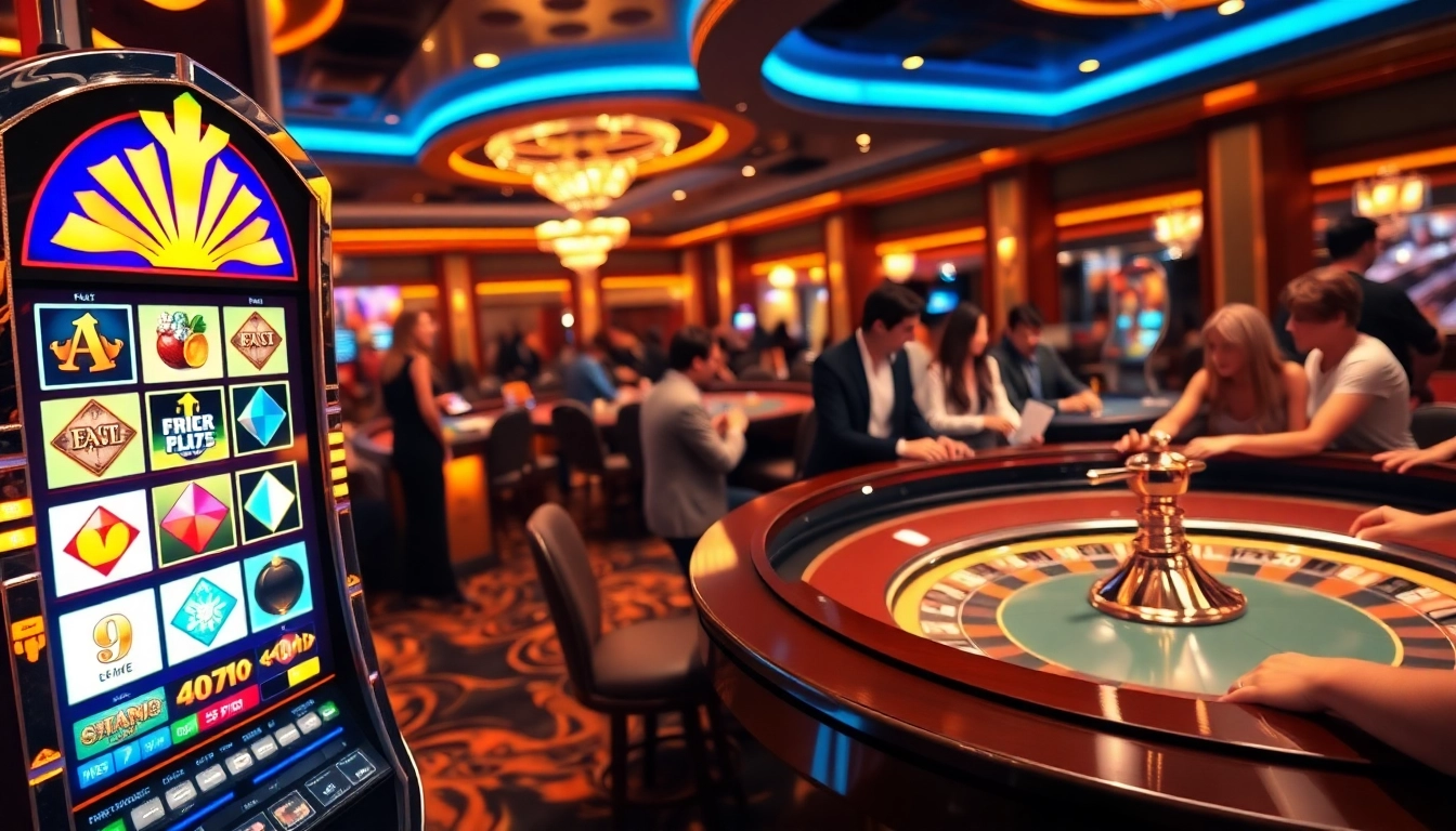 Slot deposit pulsa interface alongside an exciting roulette table in a vibrant casino.