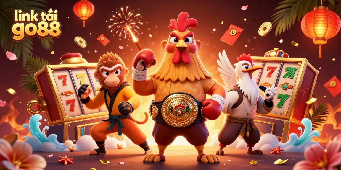 Engage with the thrilling link tải go88 showcasing a Muay Thai rooster, Shaolin monkey, and wise crane amidst slot machine elements.