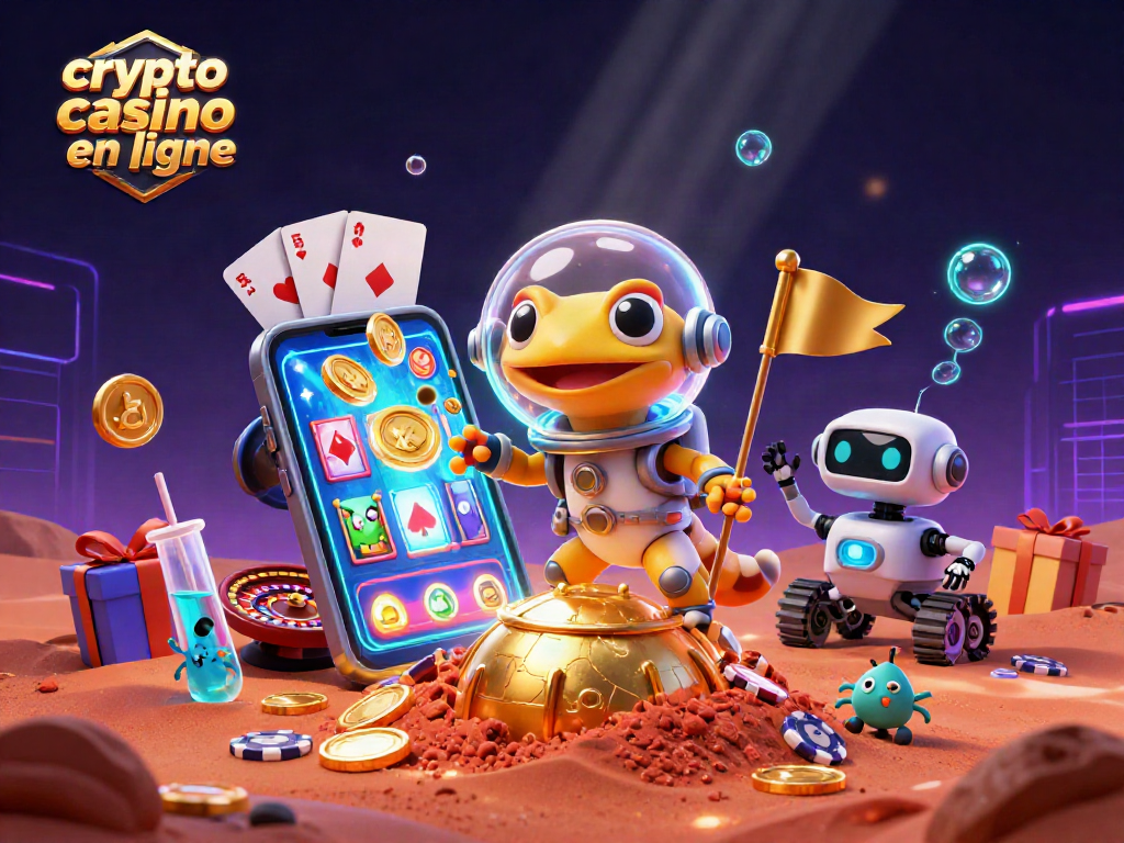 Les jeux au crypto casino en ligne avec un lézard martien et un robot au milieu d'une scène dynamique.