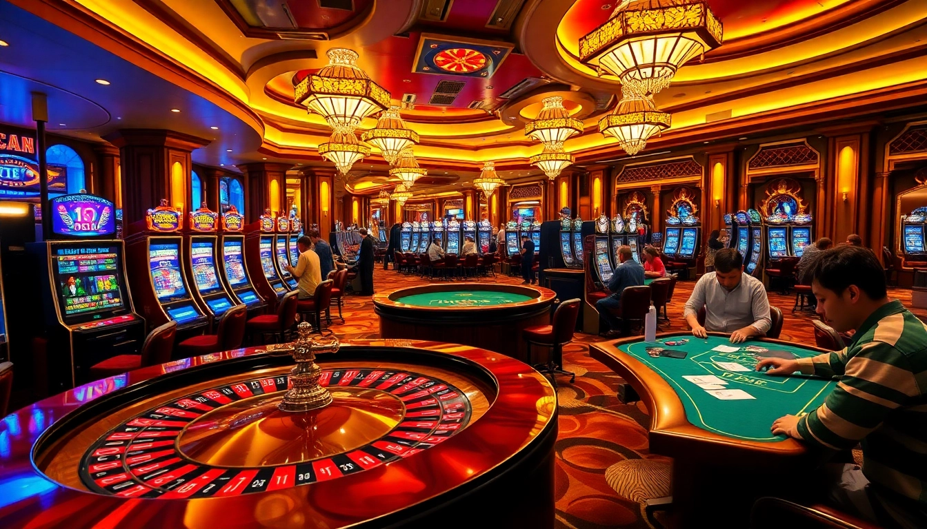 Excited players enjoying the thrill of Tha bet at a luxurious casino table with vibrant slot machines.
