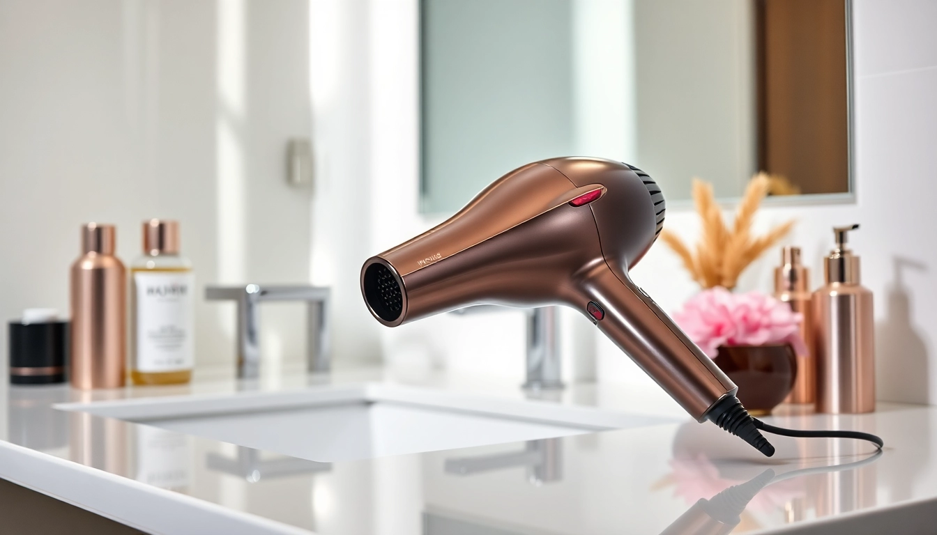 Modeling the Ionic blow dryer with a modern design and metallic finish, ideal for stylish grooming.