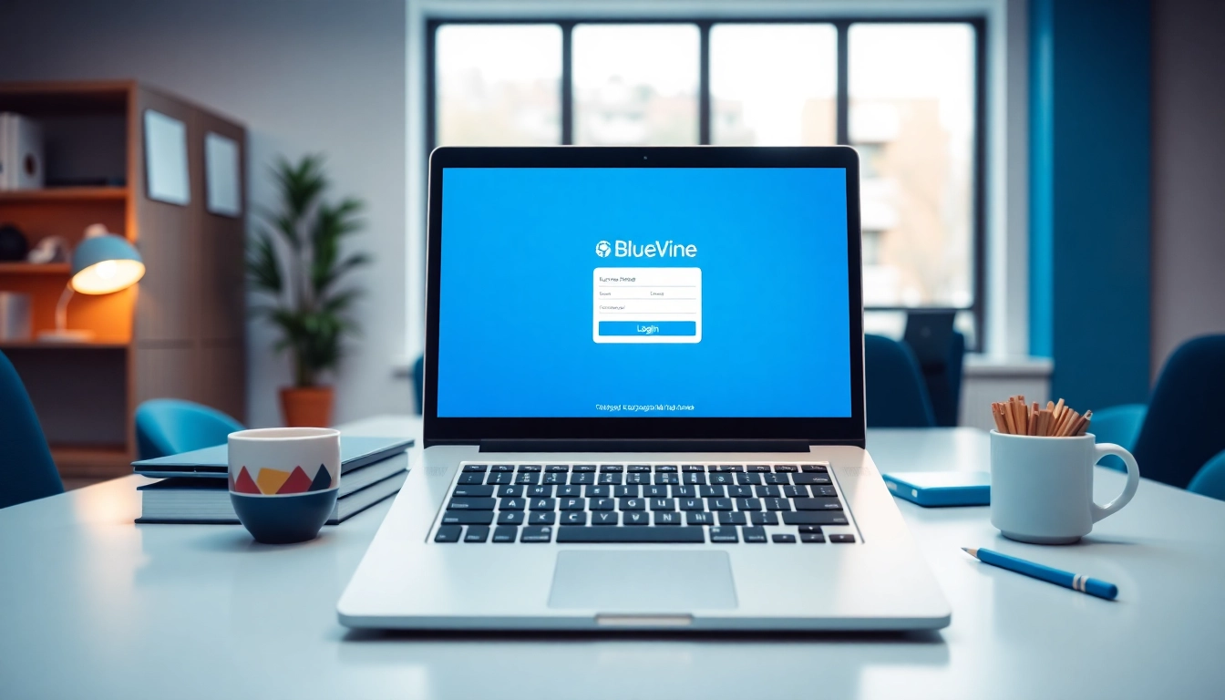 Access the secure bluevine login page on a laptop in a modern office setting.