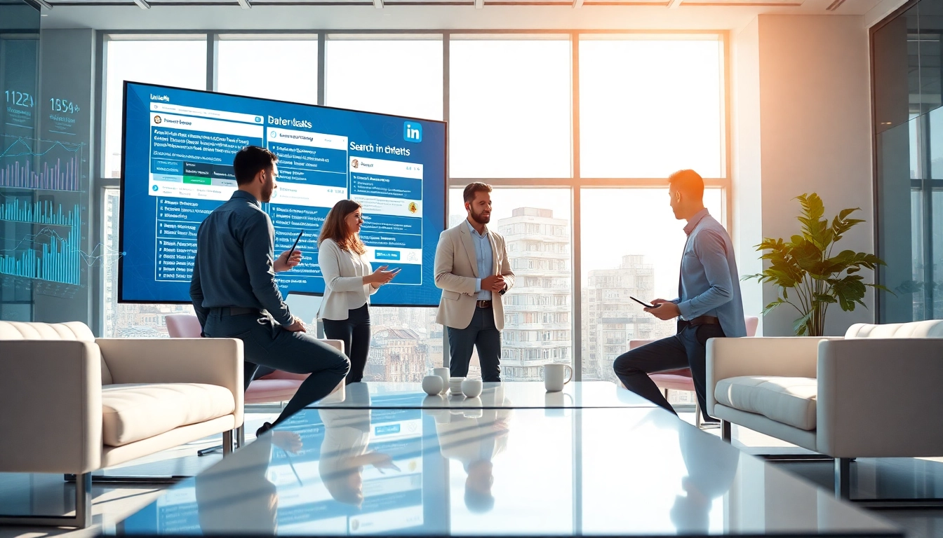 Visualize linkedin search data extraction with a strategic data analysis team in a bright, modern office.
