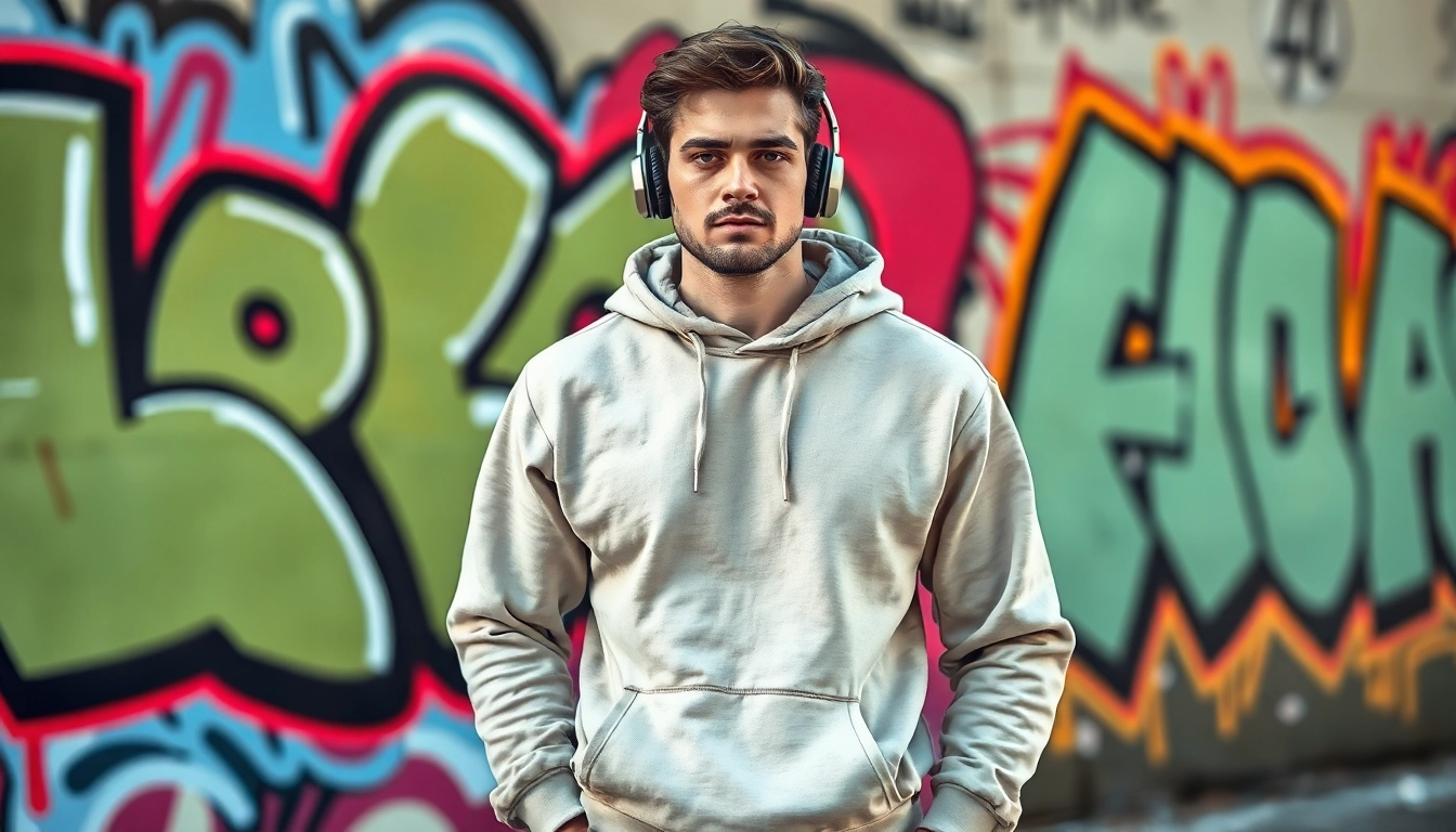 Stylish model wearing high quality blank hoodies in an urban environment featuring vibrant street art.