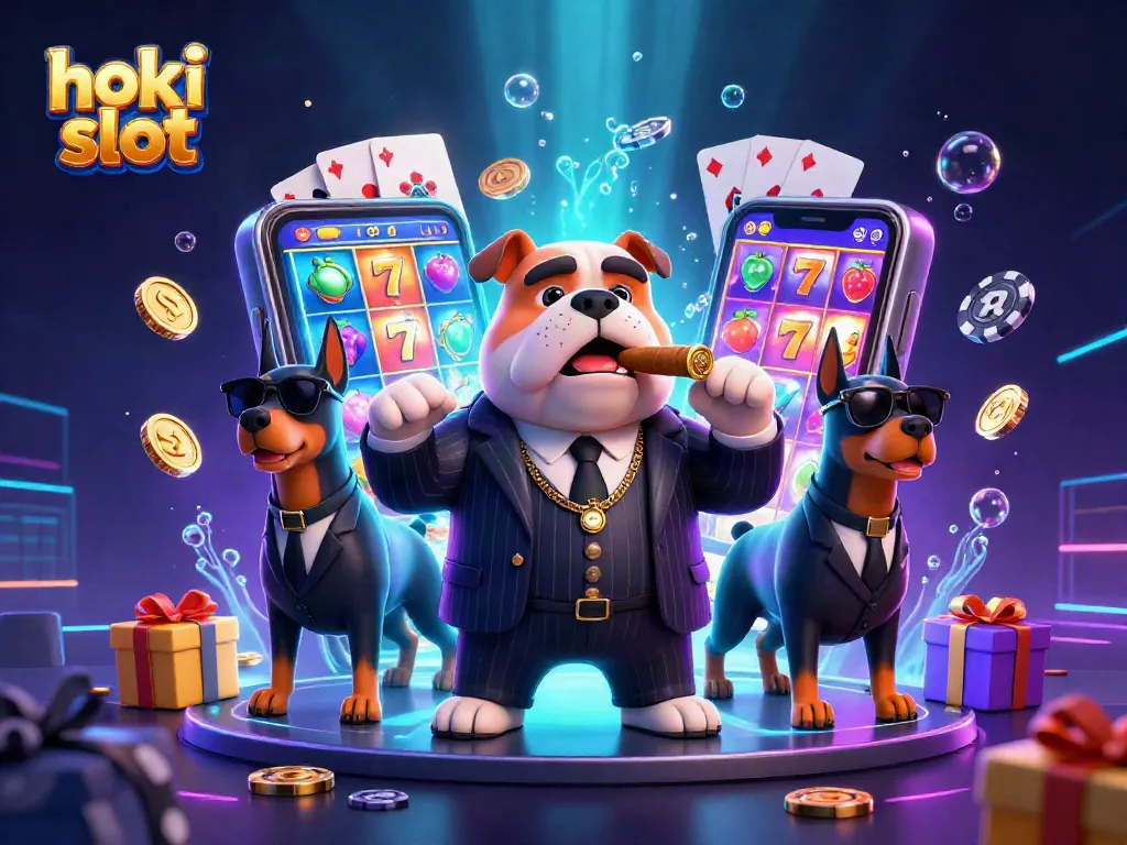 Enjoy thrilling gaming action with hoki slot featuring a mafia bulldog and Doberman bodyguards in a vibrant casino scene.