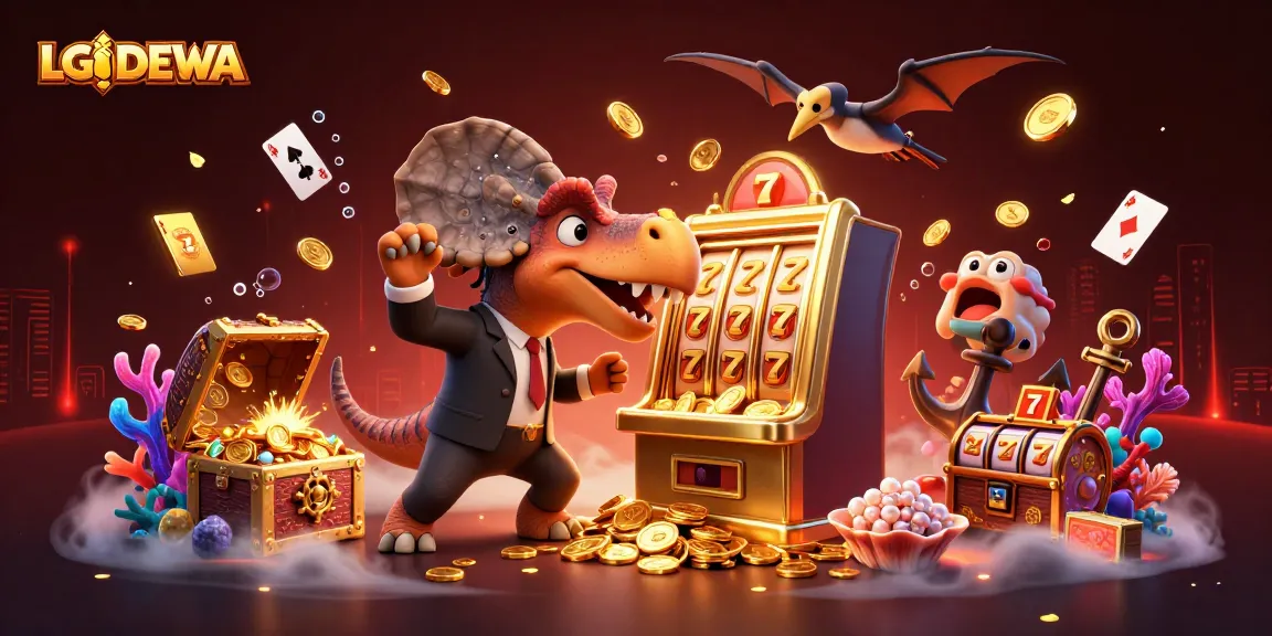 Engage with LGODEWA's exciting jackpots as a pachycephalosaurus triggers a slot machine, surrounded by treasures.