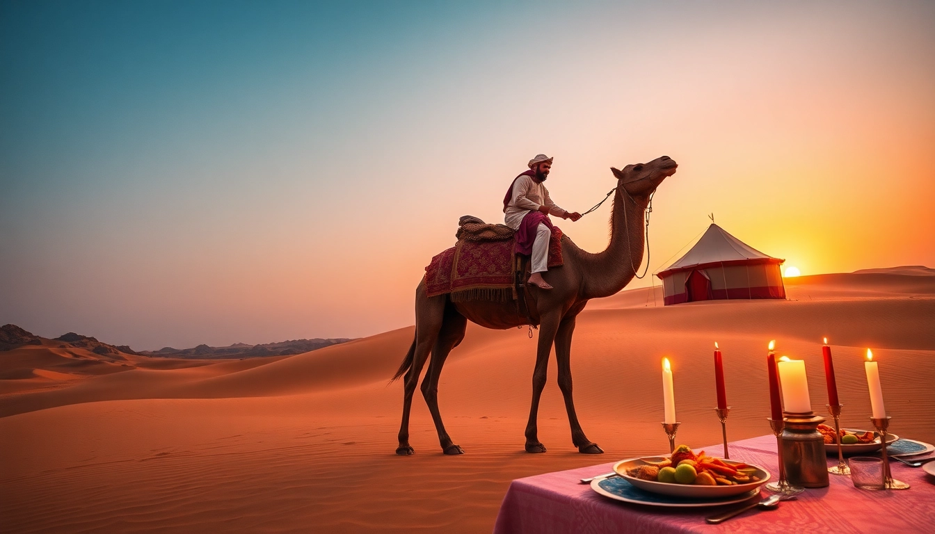 Agafay desert camel ride and dinner with a show at sunset, featuring a camel with a local guide in a breathtaking desert landscape.