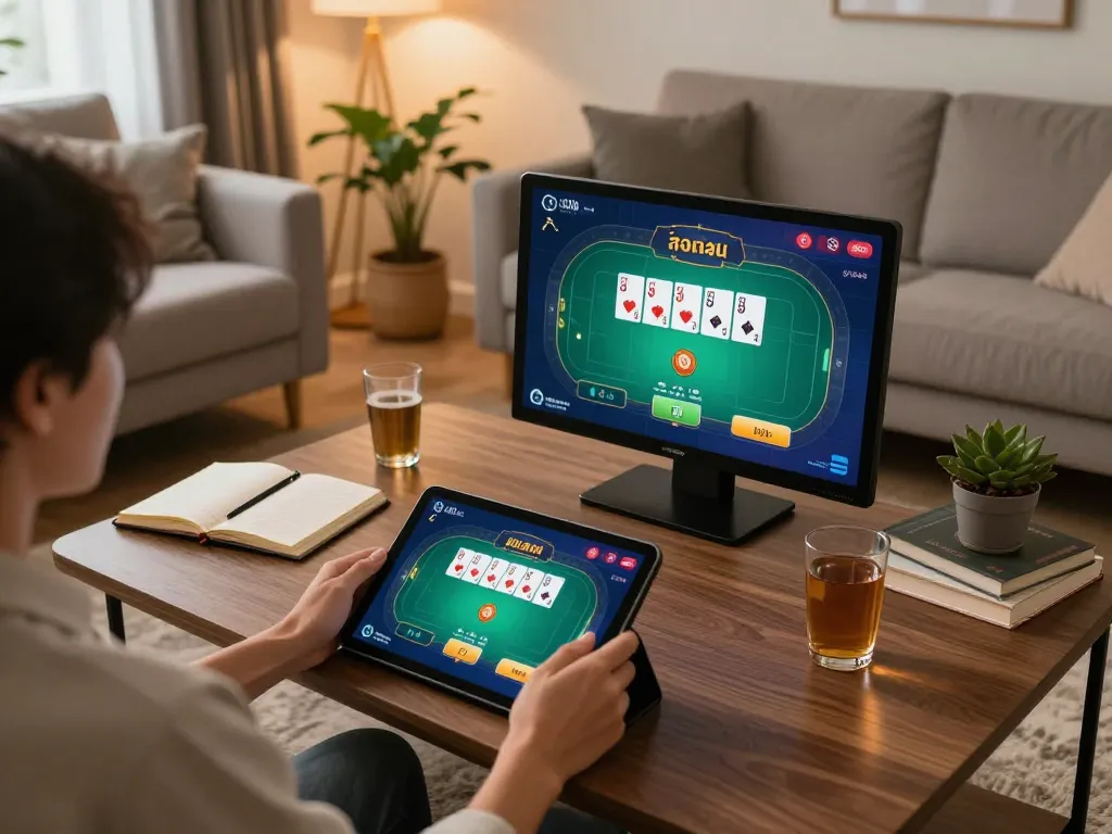 Engaging in สล็อตวอเลท activities on a tablet in a cozy modern living room setting.