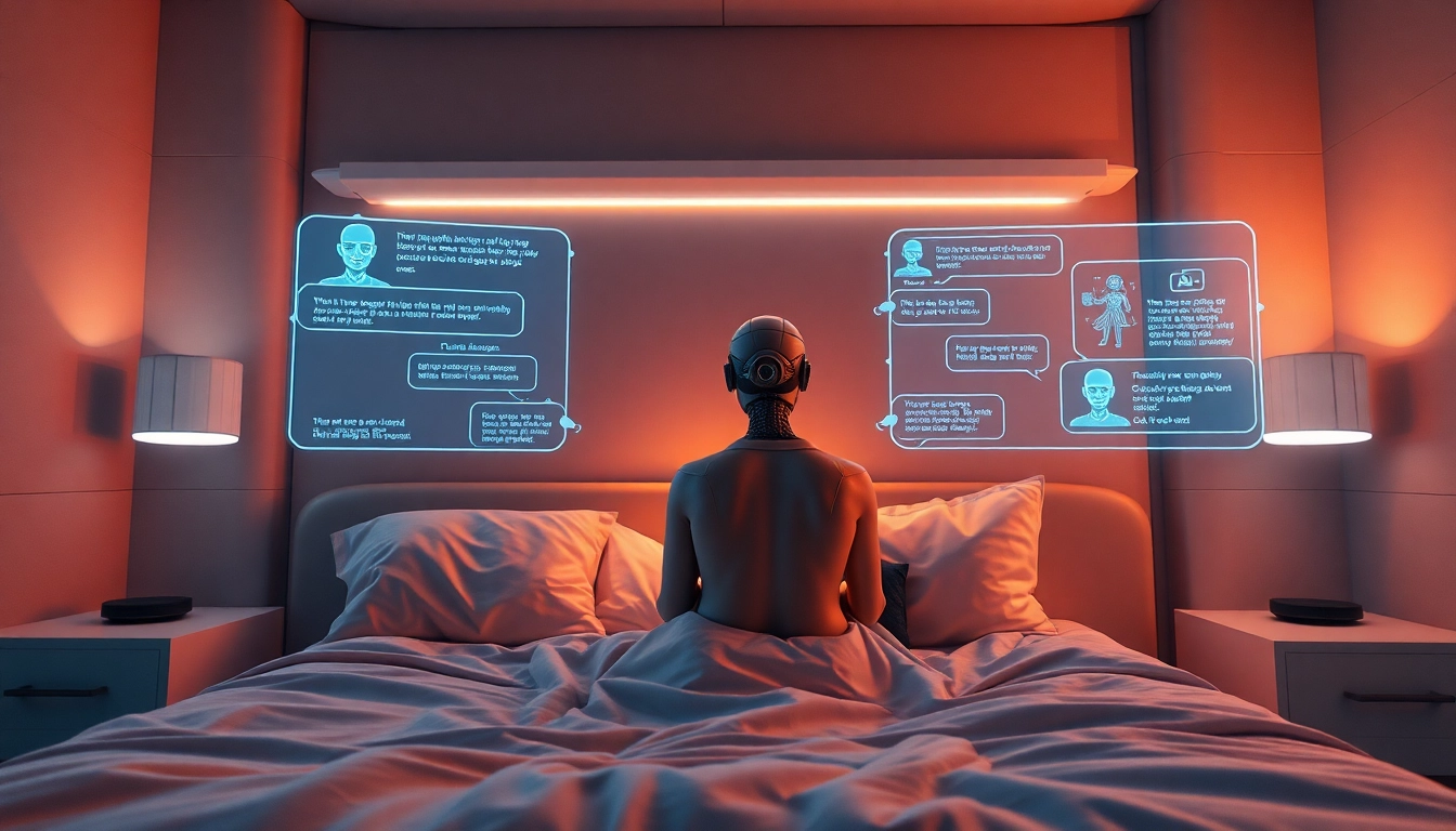 AI sex interaction in a futuristic bedroom, showcasing companionship and technology.