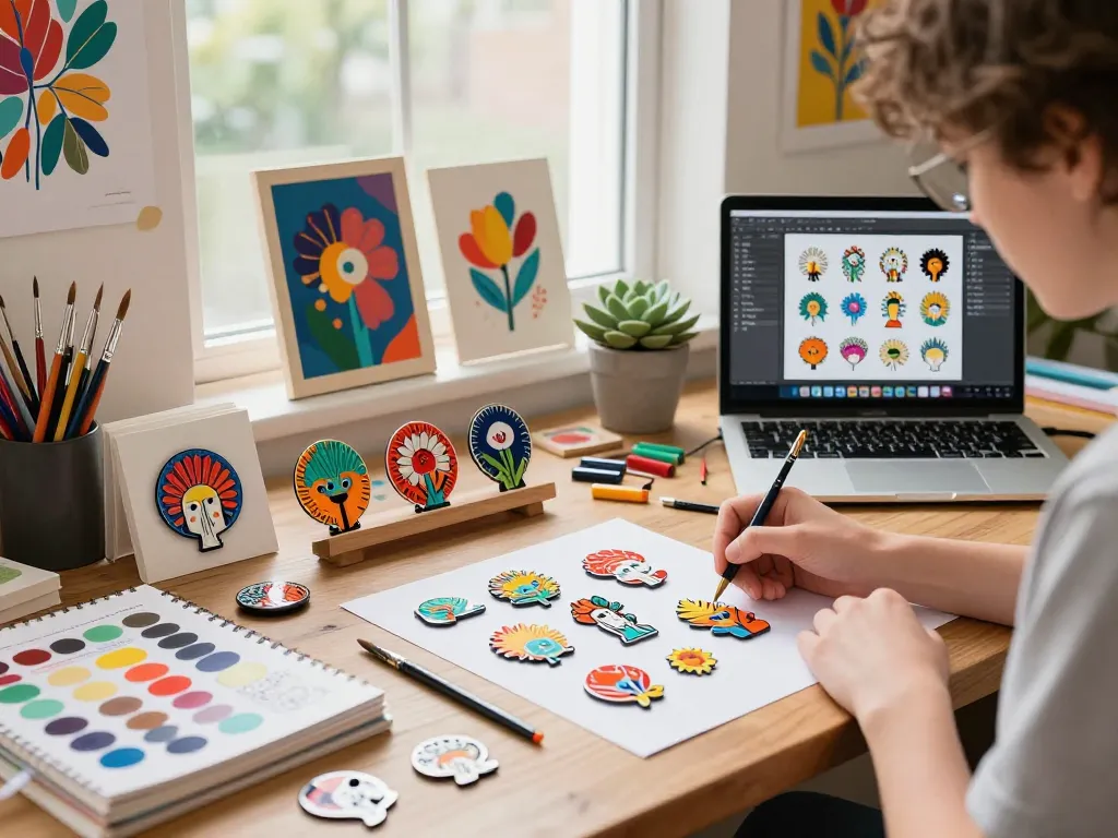 Custom acrylic pins displayed in an artist's vibrant studio, showcasing colorful designs and creativity.