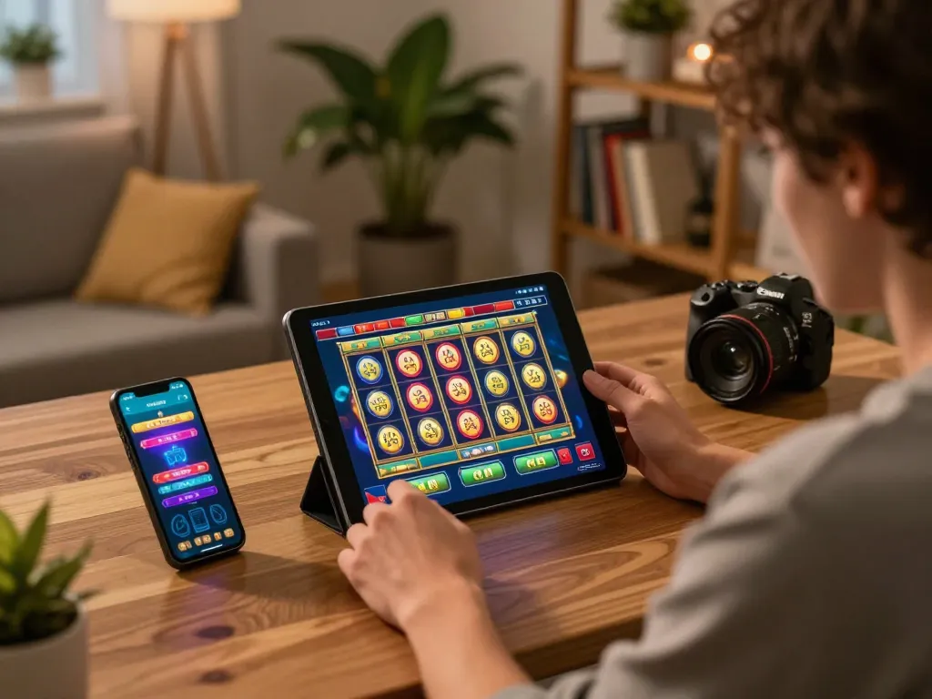 Engage with slot deposit 10rb options on a vibrant online gaming setup showcasing a tablet and smartphone.