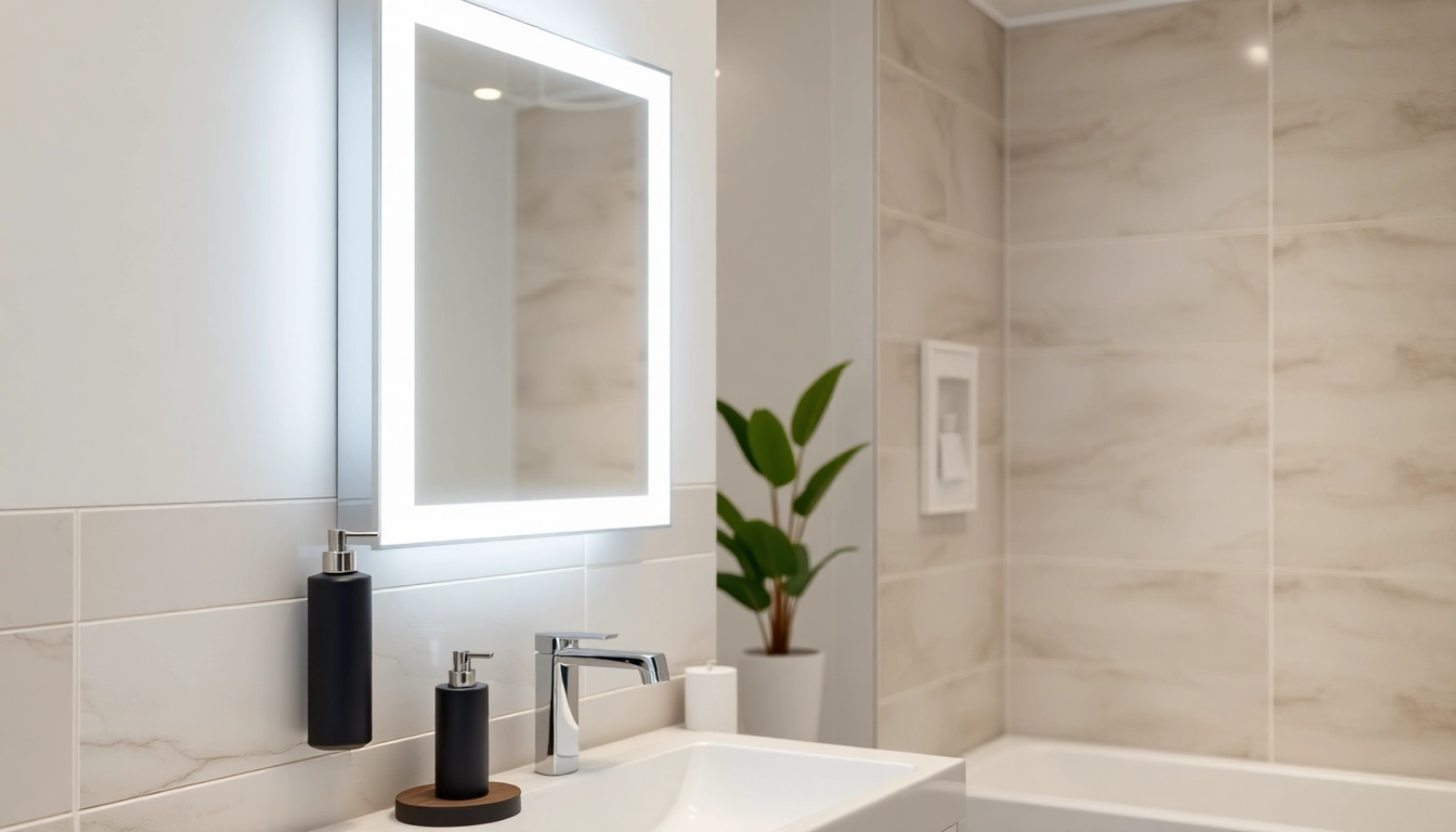 Bright bathroom mirror with LED light enhancing modern decor aesthetics.