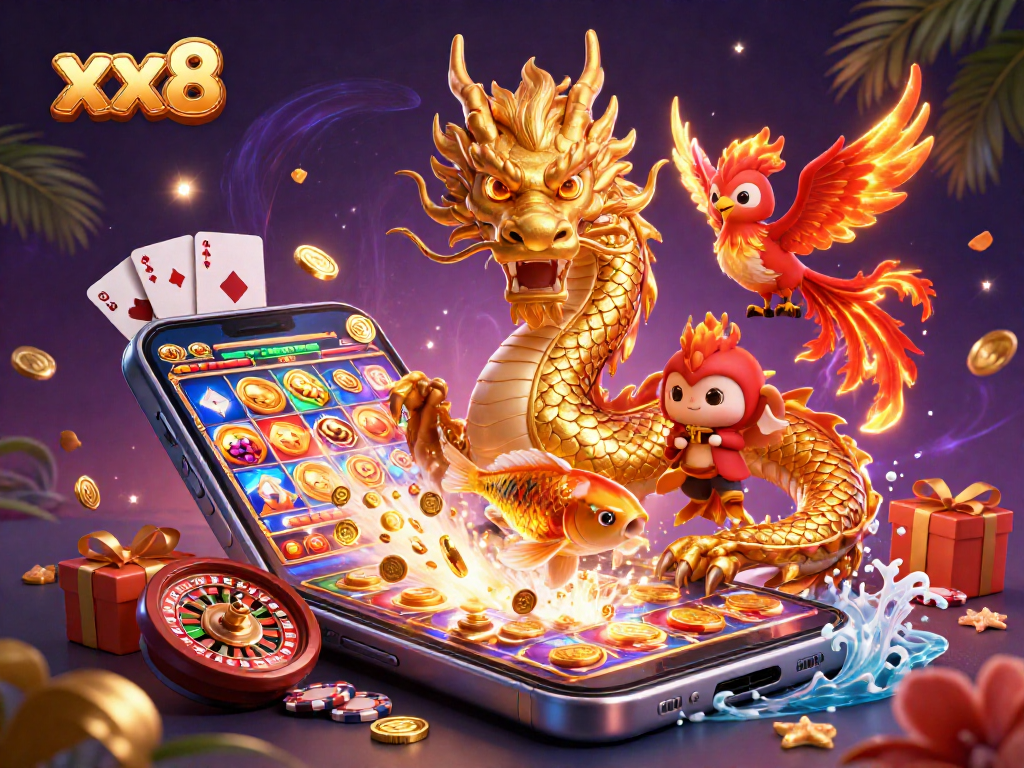 Play slots and win big with the dynamic xx8 casino illustration featuring a dragon and phoenix!