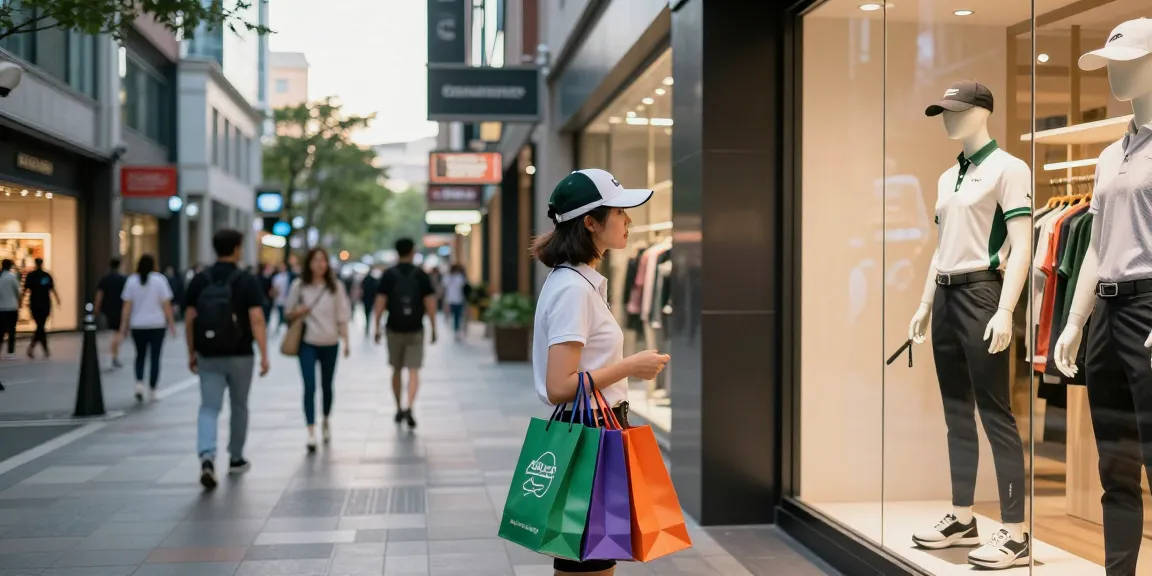 Shopping for stylish 골프웨어 레플리카 in urban fashion scene with colorful bags and trendy storefronts.