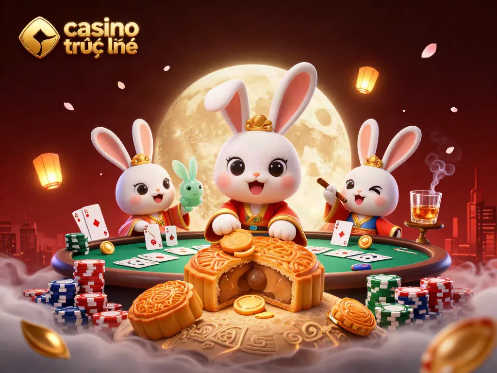 Trải nghiệm casino trực tuyến với chú thỏ mặt trăng và chip poker, đầy màu sắc và sinh động.
