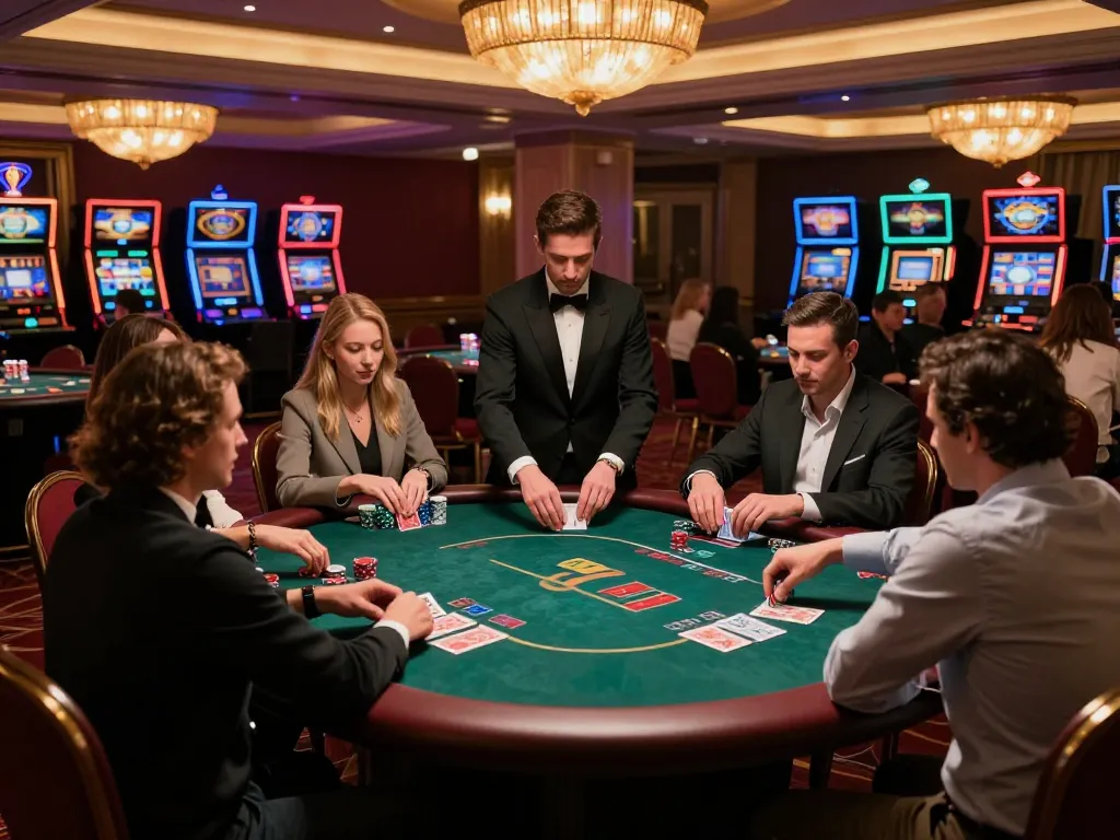 GG88 đăng nhập into an exciting casino poker game with dealer and players engaged at vibrant tables.