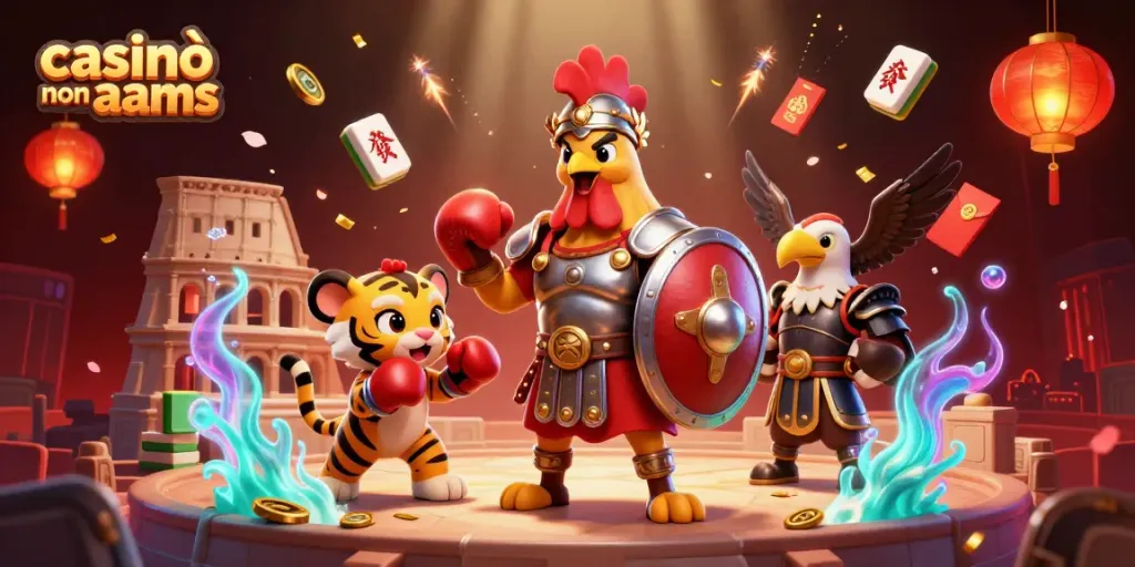 Visualizza casinò non AAMS con gladiatore e tigre in combattimento, ricca di elementi di gioco.