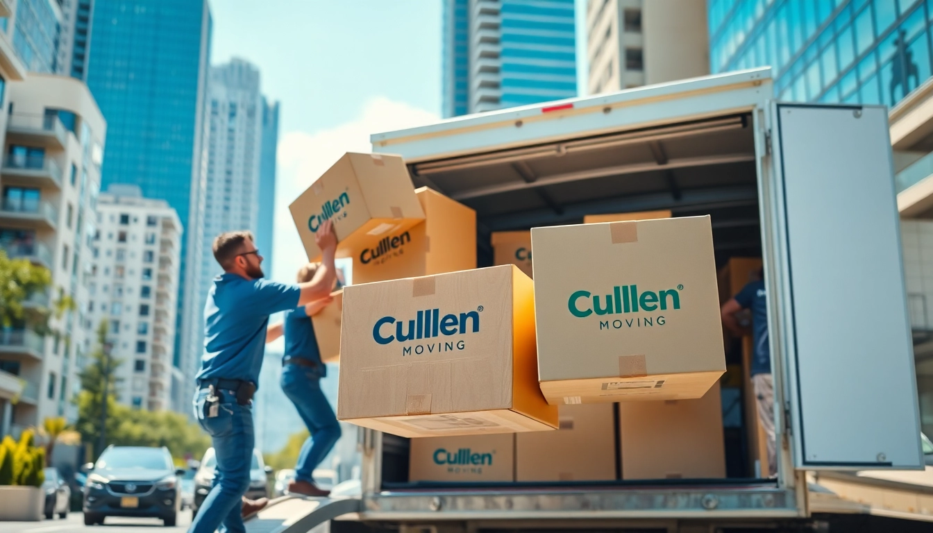 Movers from Cullen Moving carefully transporting boxes into a bright moving truck.