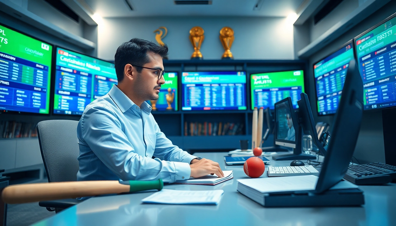 Focus on IPL win prediction today with a cricket analyst surrounded by data and statistics.