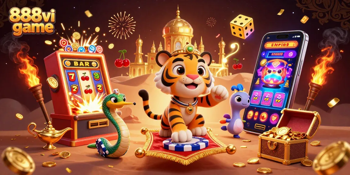 Engage in the thrilling 888vi game with a dynamic scene featuring lucky symbols and a jackpot explosion.