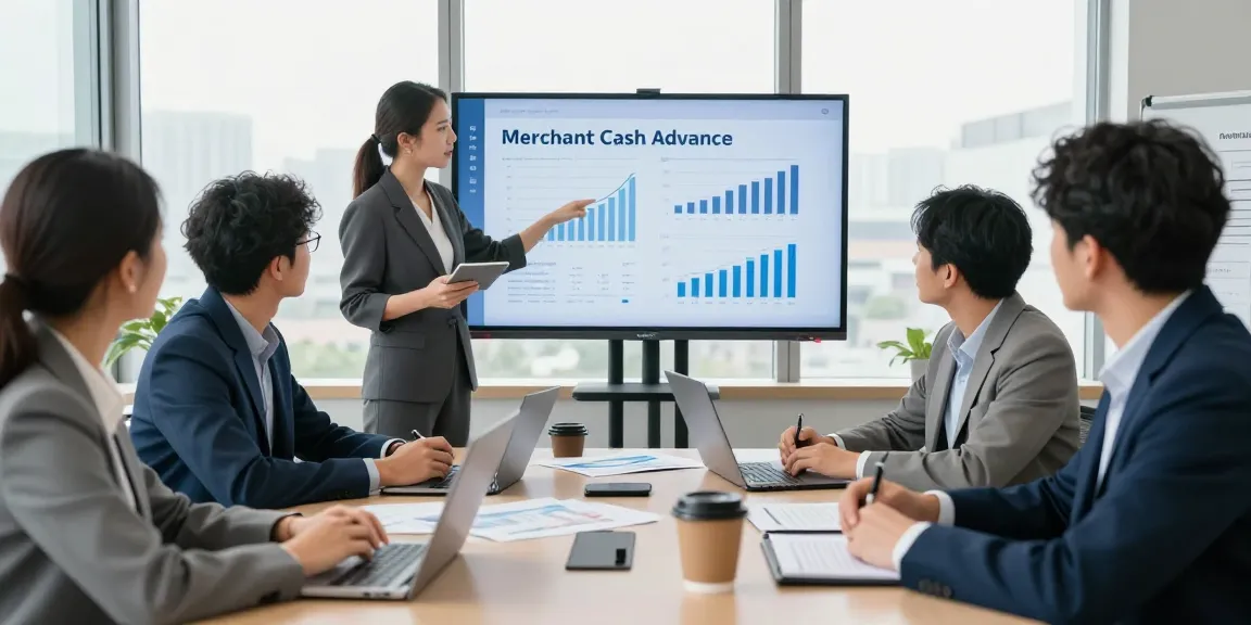 Business collaboration scene with professionals discussing instant merchant cash advance strategies in a bright office.