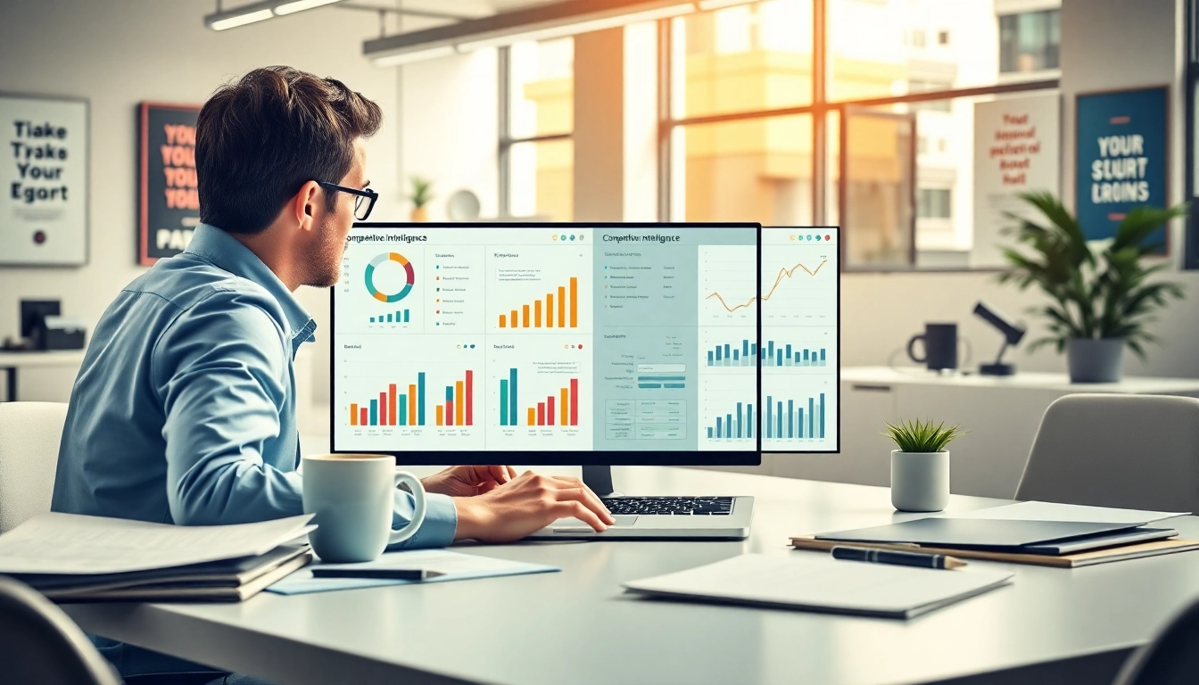 Analyze competitive intelligence faqs in a vibrant office setting with charts and technologies.