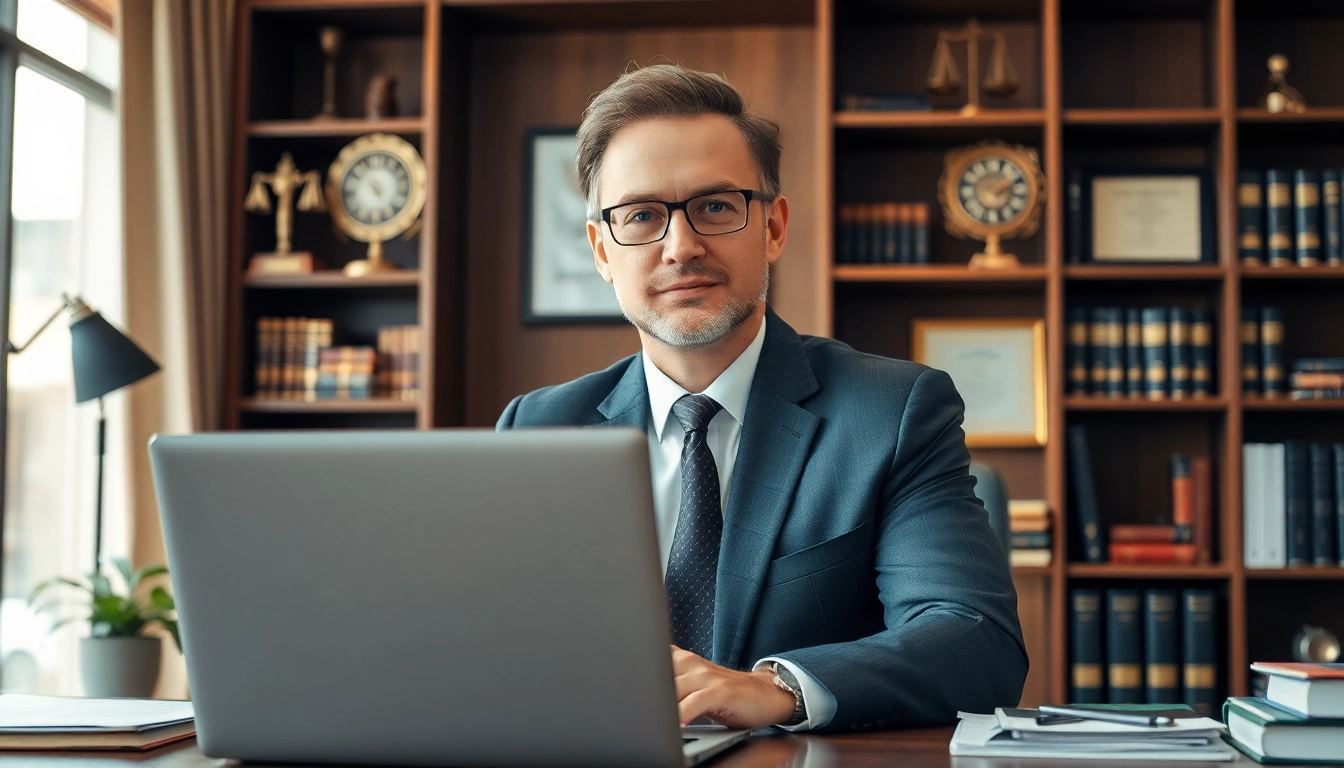Clearwater truck accident attorney consulting in a modern office with legal materials around.