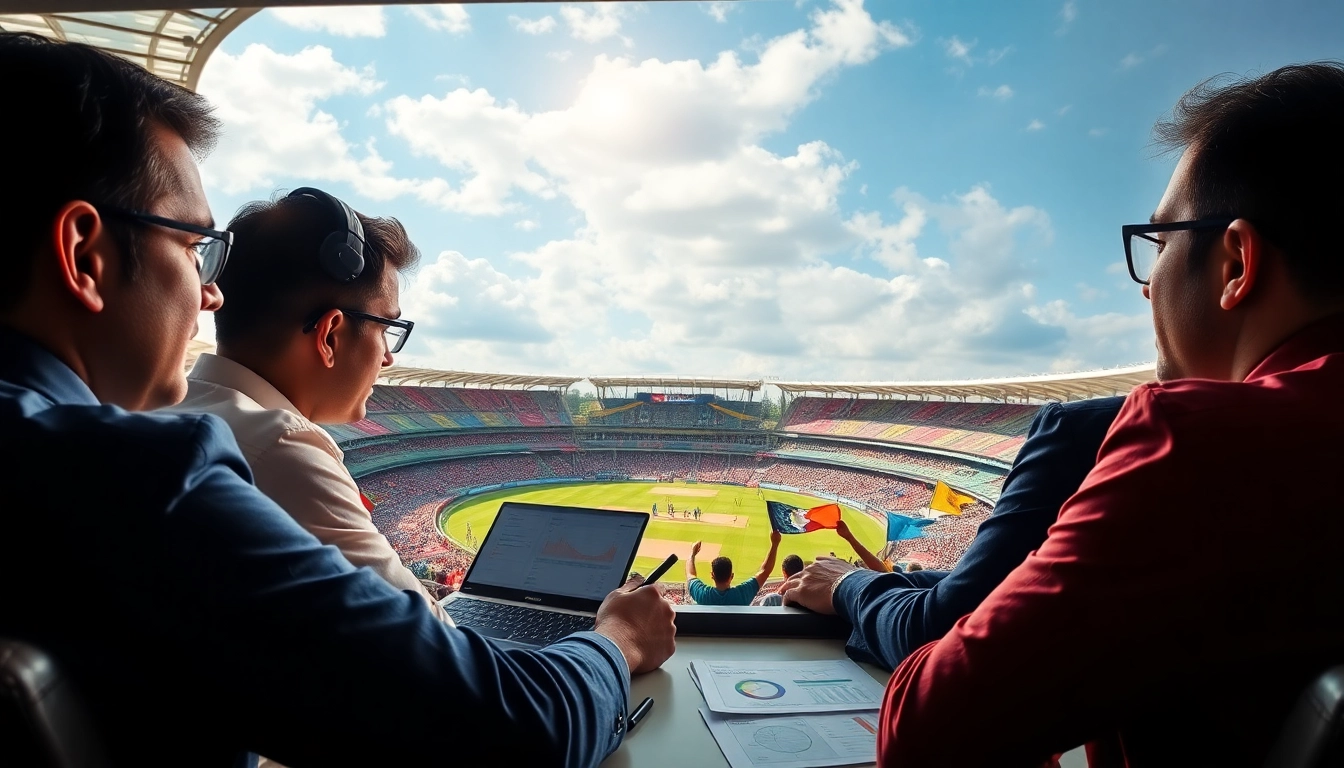 Experts analyzing data for ipl win prediction today in a lively cricket stadium.