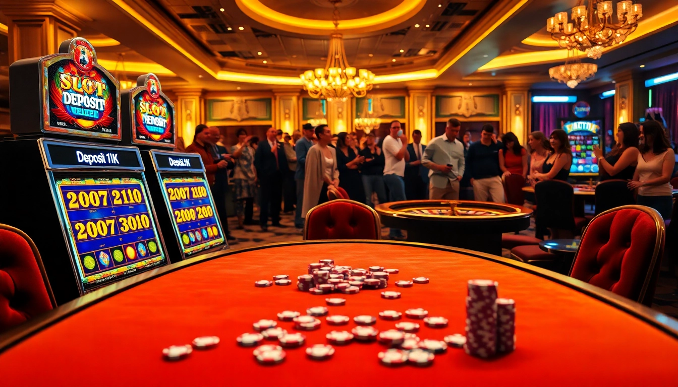 Excitement around slot deposit 1k machines in a glamorous casino setting.